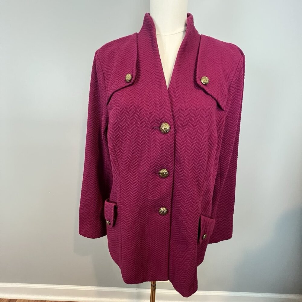 Joan Rivers Easy Elegance Knit Blazer Size Large Magenta Pink V Neck Gold Button